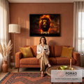 Quadro Decorativo Grande Leão com Juba para Sala Laranja | quadros decorativos para sala de estar | leão com juba em chamas e olhos vermelhos sobre fundo escuro | em ambiente 3 | Porao dos Quadros