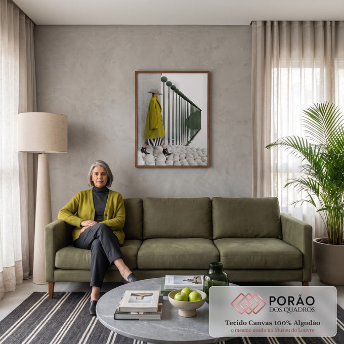 Mulher de casaco verde e chapéu cônico diante de postes refletidos na água em neblina, quadro decorativo