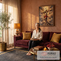 Quadro Decorativo Grande Jesus Crucificado para Sala Dourado | quadros decorativos para sala de estar | Jesus crucificado com coroa de espinhos sob pomba branca iluminada em fundo dourado | em ambiente 3 | Porao dos Quadros