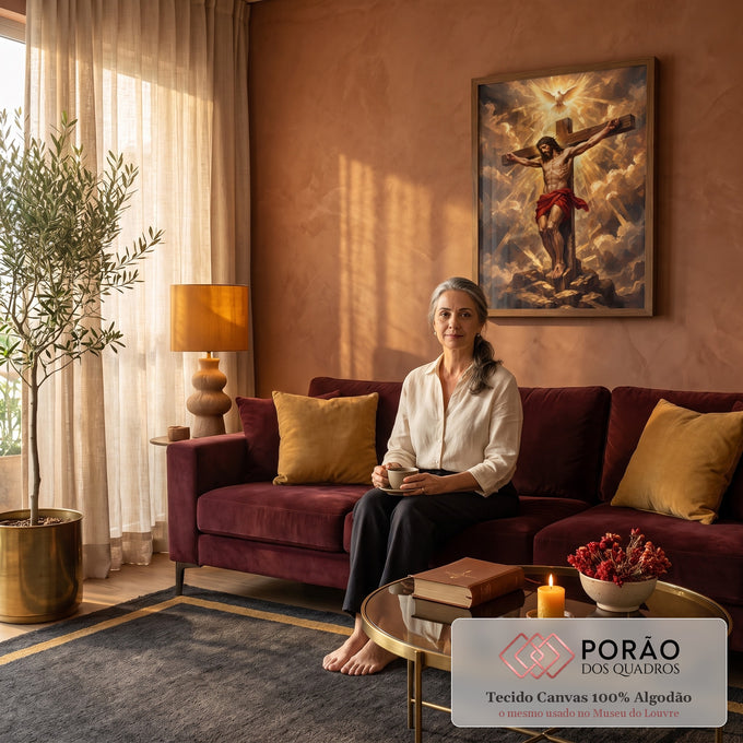 Quadro Decorativo Grande Jesus Crucificado para Sala Dourado | quadros decorativos para sala de estar | Jesus crucificado com coroa de espinhos sob pomba branca iluminada em fundo dourado | em ambiente 3 | Porao dos Quadros
