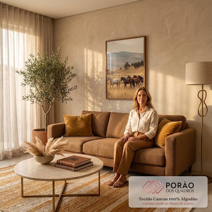 Manada de cavalos, um branco e quatro castanhos, em campo dourado com colinas ao fundo, quadro decorativo