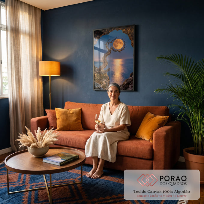 Lua cheia dourada refletida no mar noturno, vista de uma gruta com árvore retorcida, quadro decorativo