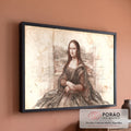 Quadro Decorativo Grande Mona Lisa Esboço para Sala Marrom | quadros decorativos para sala de estar | esboço sépia da Mona Lisa com linhas de construção e paisagem ao fundo | em ambiente 3 | Porao dos Quadros