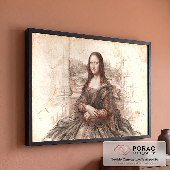 Quadro Decorativo Grande Mona Lisa Esboço para Sala Marrom | quadros decorativos para sala de estar | esboço sépia da Mona Lisa com linhas de construção e paisagem ao fundo | em ambiente 3 | Porao dos Quadros