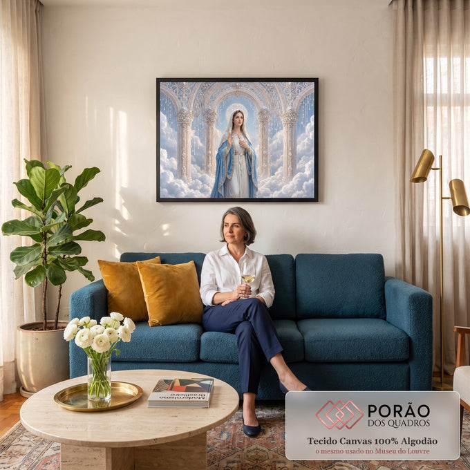 Nossa Senhora de manto azul e véu branco entre nuvens e arcos de pérolas, auréola dourada, quadro decorativo