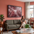 Quadro Decorativo Grande Cavalo Branco para Sala Rosa | quadros decorativos para sala de estar | cavalo branco caminhando sobre rochas vermelhas envolto em névoa rosada | em ambiente 3 | Porao dos Quadros