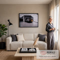 Quadro Decorativo Grande GT3 e Amarelo para Sala Preto | quadros decorativos para sala de estar | preto fosco com faixa amarela visto de trás em garagem iluminada | em ambiente 3 | Porao dos Quadros