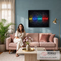 Frase neon Eat Sleep Game Repeat em amarelo, azul, ciano e vermelho sobre parede de tijolos, quadro decorativo