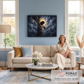Quadro Decorativo Grande Jesus Crucificação para Sala Preto | quadros decorativos para sala de estar | Jesus crucificado com coroa de espinhos sob céu tempestuoso com raios e luz dourada | em ambiente 3 | Porao dos Quadros
