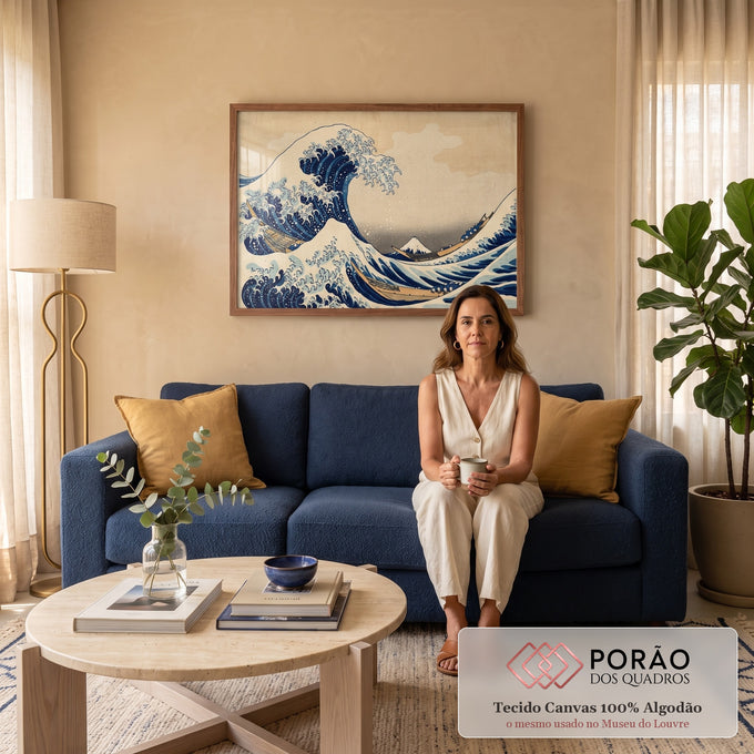 Quadro Decorativo Grande tela de pinturas Azul para Sala | quadros decorativos para sala de estar | grande onda azul com espuma branca sobre barcos e Monte Fuji ao fundo | em ambiente 3 | Porao dos Quadros