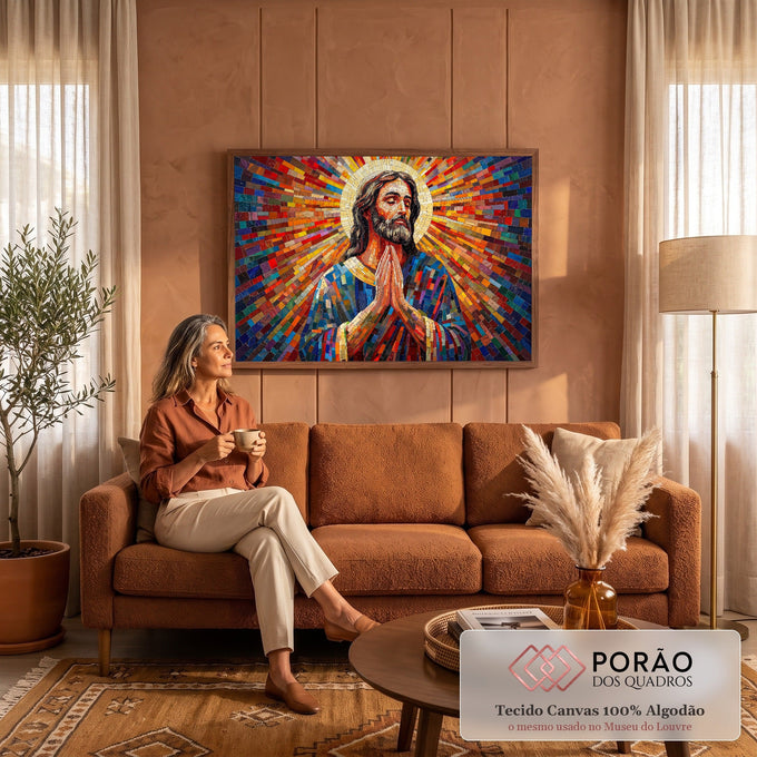 Quadro Decorativo Grande Jesus em Oração para Sala Vermelho | quadros decorativos para sala de estar | Jesus Cristo orando em estilo mosaico com auréola dourada e fundo colorido vibrante | em ambiente 3 | Porao dos Quadros