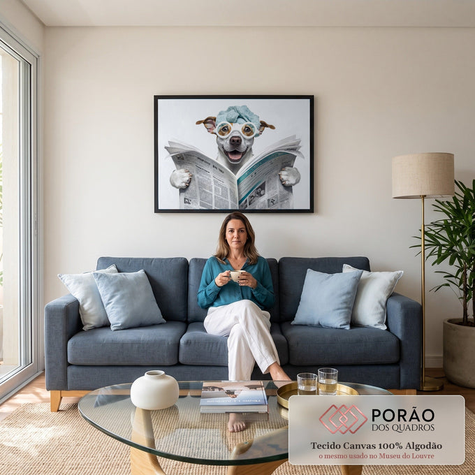 Cachorro sorridente com toalha azul na cabeça e óculos brancos lendo jornal, quadro decorativo