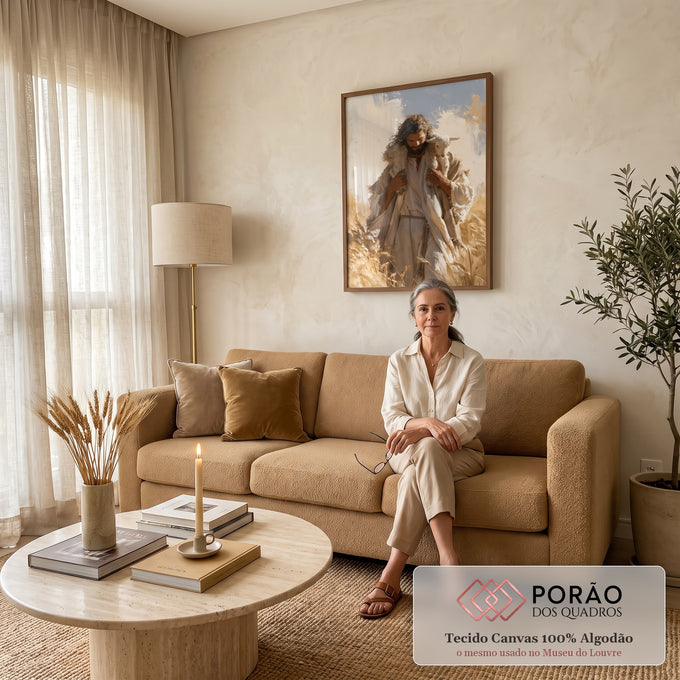Quadro Decorativo Bom Pastor com Cordeiro no Campo de Trigo | quadros decorativos para sala de estar | homem carregando cordeiro branco nos ombros em campo de trigo dourado | em ambiente 3 | Porao dos Quadros