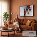Quadro Decorativo Grande Rosto Pintado para Sala Preto | quadros decorativos para sala de estar | rosto gigante com pintura facial preto e branco e lábios vermelhos ao lado de dois bonecos | em ambiente 3 | Porao dos Quadros