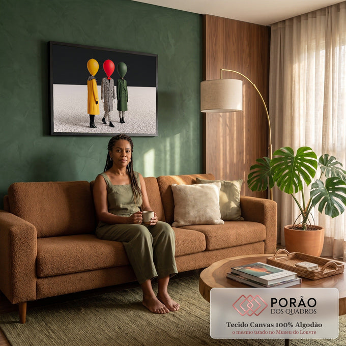Três manequins com cabeças de balão amarelo, vermelho e verde vestindo sobretudos, quadro decorativo