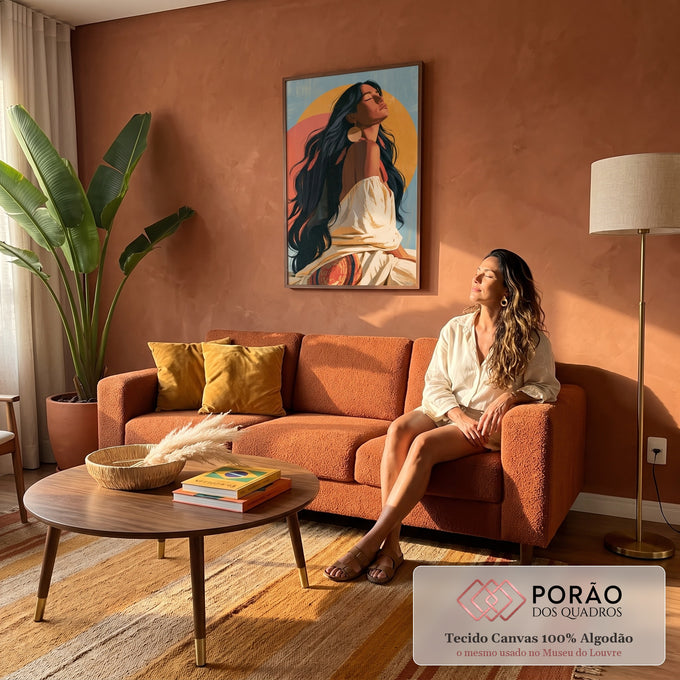 Quadro Decorativo Mulher Indígena com Penas e Sol ao Fundo | quadros decorativos para sala de estar | mulher de cabelo solto e penas vermelhas com brinco dourado sobre sol duplo terracota | em ambiente 3 | Porao dos Quadros