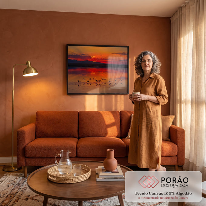 Quadro Decorativo Grande Flamingos Alçando para Sala Laranja | quadros decorativos para sala de estar | flamingos em silhueta alçando voo sobre lago durante pôr do sol vermelho e laranja | em ambiente 3 | Porao dos Quadros