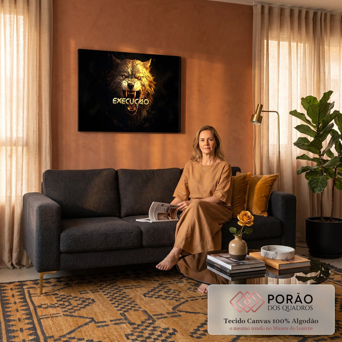 Lobo dourado feroz rosnando com presas à mostra e palavra Execução em fundo preto, quadro decorativo