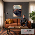 Pintura do interior de Porsche clássico com volante preto e relógios laranja, quadro decorativo