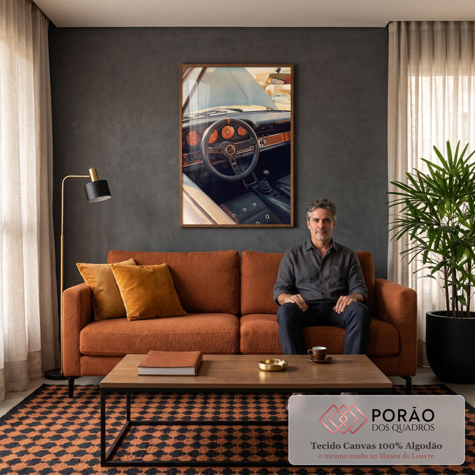Pintura do interior de Porsche clássico com volante preto e relógios laranja, quadro decorativo