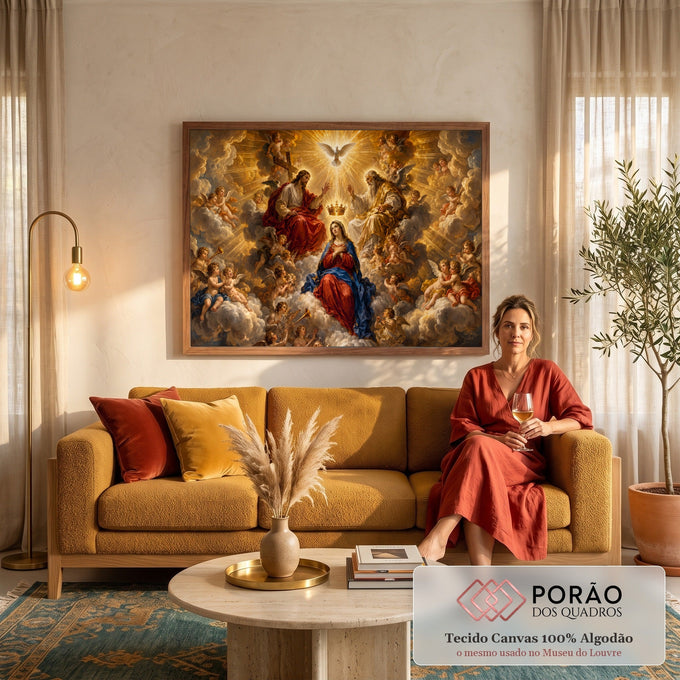 Virgem Maria coroada pela Santíssima Trindade entre anjos e nuvens douradas, quadro decorativo
