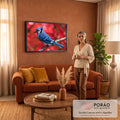 Pássaro gaio-azul pousado em galho seco com fundo vermelho de outono desfocado, quadro decorativo