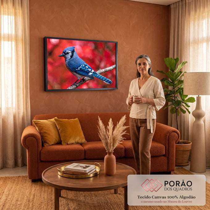 Pássaro gaio-azul pousado em galho seco com fundo vermelho de outono desfocado, quadro decorativo