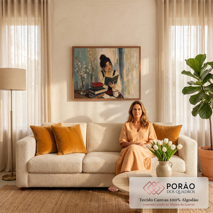 Quadro Decorativo Grande Mulher Lendo Flores para Sala Bege | quadros decorativos para sala de estar | mulher lendo livro cercada de livros empilhados e flores brancas em estilo impressionista | em ambiente 3 | Porao dos Quadros