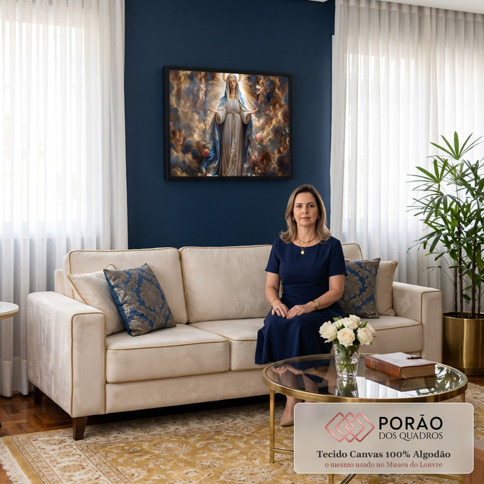 Nossa Senhora de manto azul e braços abertos entre raios de luz, anjos e rosas, quadro decorativo
