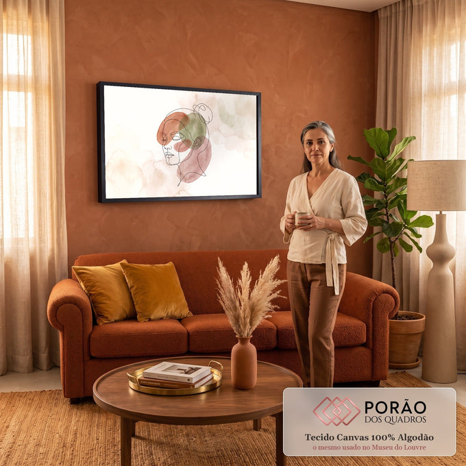 Rosto de mulher com coque em linha única sobre aquarela em tons terrosos, quadro decorativo