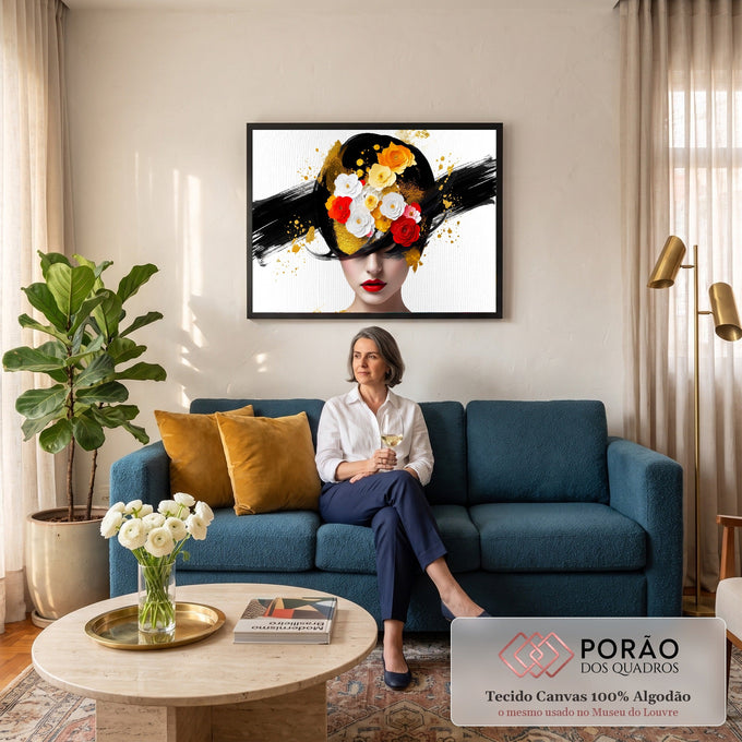 Rosto de mulher com lábios vermelhos e rosas no cabelo preto, respingos dourados, quadro decorativo