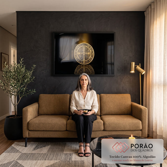 Quadro Decorativo Grande Medalha de São Bento Cruz para Sala | quadros decorativos para sala de estar | medalha de São Bento dourada com cruz e inscrições sobre fundo preto iluminado | em ambiente 3 | Porao dos Quadros