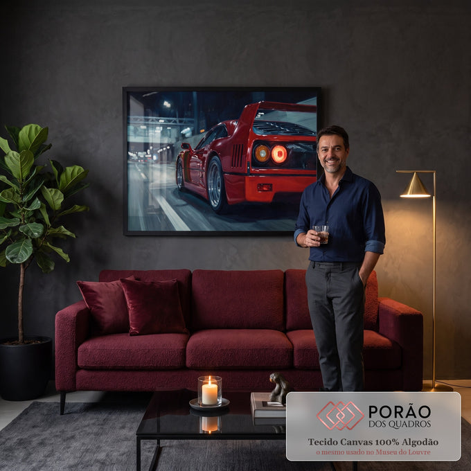 Quadro Decorativo Grande Carro Esportivo para Sala Vermelho | quadros decorativos para sala de estar | carro esportivo vermelho em cena noturna urbana com faróis acesos | em ambiente 3 | Porao dos Quadros