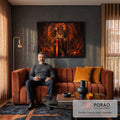 Quadro Decorativo Grande Leão em Chamas para Sala Laranja | quadros decorativos para sala de estar | leão gigante em chamas atrás de guerreiro em armadura com espada flamejante | em ambiente 3 | Porao dos Quadros