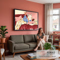 Quadro Decorativo Grande Pessoa Lendo Vermelho para Quarto | quadros decorativos para sala de estar | pessoa de pijama azul deitada na cama lendo jornal, pés para cima | em ambiente 3 | Porao dos Quadros