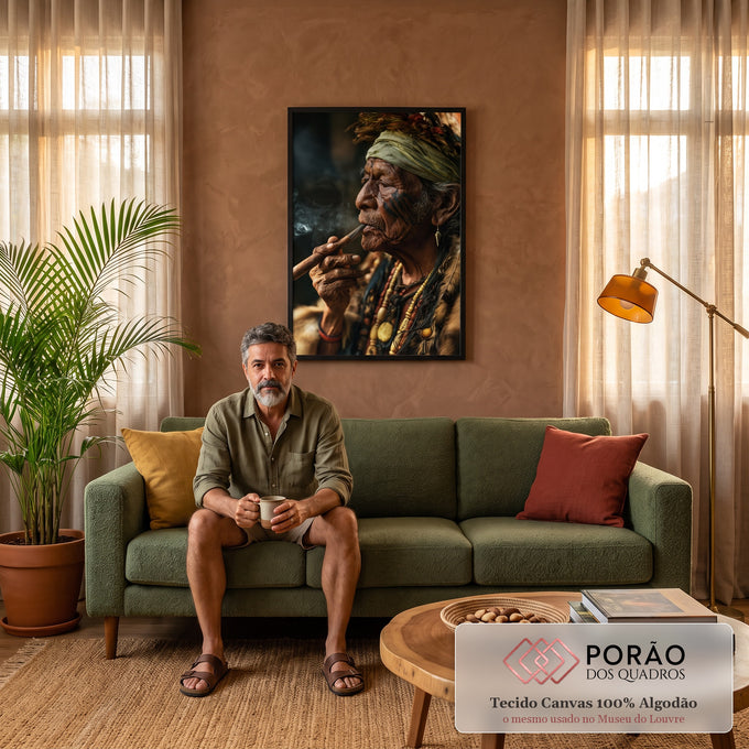 Quadro Decorativo Ancião Indígena Fumando Cachimbo com Penas | quadros decorativos para sala de estar | ancião indígena de perfil com pintura facial, turbante verde e cachimbo soltando fumaça | em ambiente 3 | Porao dos Quadros