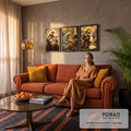 Quadro Decorativo Kit 3 Telas Santo Antônio para Sala Marrom | quadros decorativos para sala de estar | tríptico sacro com Santo Antônio, Menino Jesus e Madre Teresa em tons dourados e azuis | em ambiente 3 | Porao dos Quadros