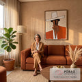 Quadro Decorativo Homem de Chapéu Branco Estilo Abstrato | quadros decorativos para sala de estar | figura estilizada de chapéu branco largo e rosto terracota fumando cigarro | em ambiente 3 | Porao dos Quadros