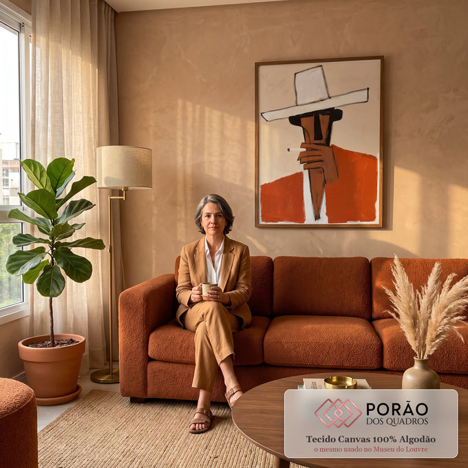 Quadro Decorativo Homem de Chapéu Branco Estilo Abstrato | quadros decorativos para sala de estar | figura estilizada de chapéu branco largo e rosto terracota fumando cigarro | em ambiente 3 | Porao dos Quadros