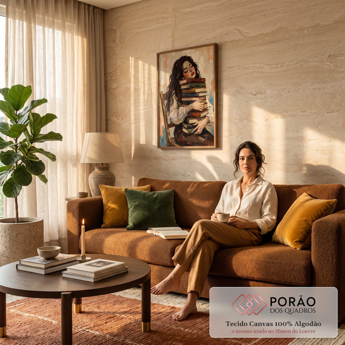 Quadro Decorativo Grande Mulher Dormindo Bege para Sala | quadros decorativos para sala de estar | mulher adormecida sobre pilha de livros antigos em tons pastéis | em ambiente 3 | Porao dos Quadros