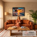 Quadro Decorativo Grande Pôr do Sol Praia para Sala Laranja | quadros decorativos para sala de estar | pôr do sol dourado na praia com palmeiras e ondas suaves na areia | em ambiente 3 | Porao dos Quadros