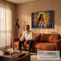Quadro Decorativo Grande Jesus Mosaico para Sala | quadros decorativos para sala de estar | Jesus em oração com halo dourado sobre fundo em mosaico colorido estilo vitral | em ambiente 3 | Porao dos Quadros