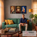 Quadro Decorativo Kit 3 Telas Sagrado Coração Azul para Sala | quadros decorativos para sala de estar | tríptico religioso com Nossa Senhora, Sagrado Coração de Jesus e Imaculado Coração de Maria | em ambiente 3 | Porao dos Quadros