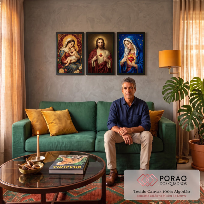 Quadro Decorativo Kit 3 Telas Sagrado Coração Azul para Sala | quadros decorativos para sala de estar | tríptico religioso com Nossa Senhora, Sagrado Coração de Jesus e Imaculado Coração de Maria | em ambiente 3 | Porao dos Quadros