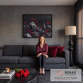 Quadro Decorativo Grande Flores Vermelhas Preto para Sala | quadros decorativos para sala de estar | flores vermelhas espinhosas crescendo entre rochas cinzas sobre fundo preto | em ambiente 3 | Porao dos Quadros