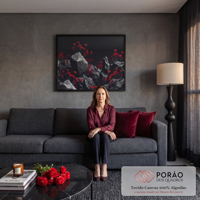 Quadro Decorativo Grande Flores Vermelhas Preto para Sala | quadros decorativos para sala de estar | flores vermelhas espinhosas crescendo entre rochas cinzas sobre fundo preto | em ambiente 3 | Porao dos Quadros