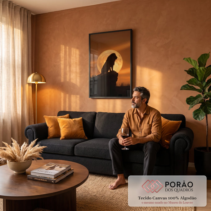 Quadro Decorativo Grande Leão em Silhueta para Sala Laranja | quadros decorativos para sala de estar | leão em silhueta sentado sobre rocha com lua cheia ao fundo em céu laranja | em ambiente 3 | Porao dos Quadros
