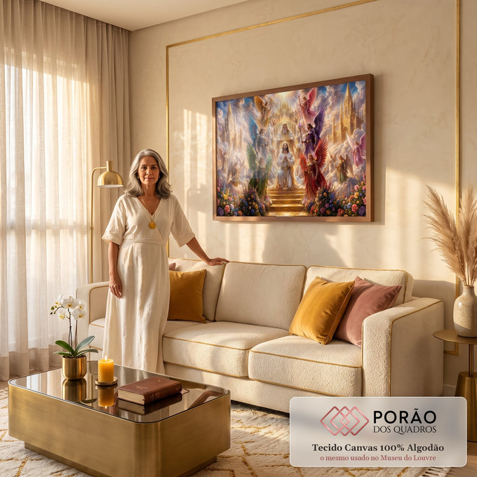 Quadro Decorativo Grande Jesus Coroado Dourado para Sala | quadros decorativos para sala de estar | Jesus ajoelhado sendo coroado por Deus, cercado de anjos coloridos em céu dourado | em ambiente 3 | Porao dos Quadros