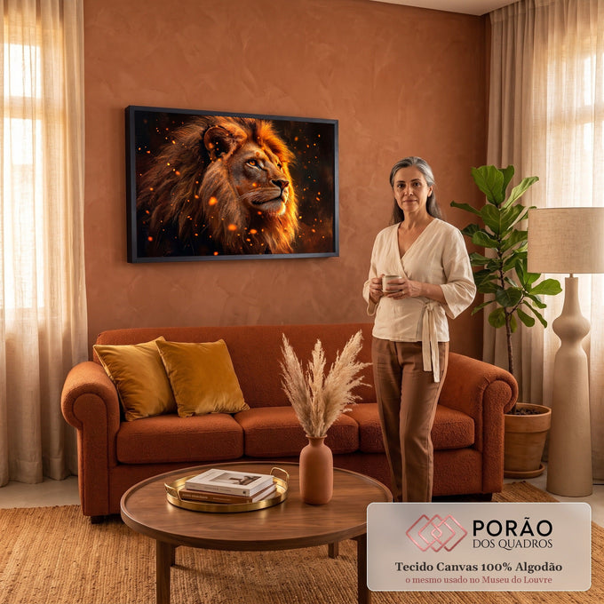 Leão de perfil com juba dourada olhando para cima entre faíscas laranja em fundo escuro, quadro decorativo