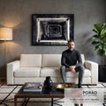 Quadro Decorativo Grande Túnel Geométrico para Sala Preto | quadros decorativos para sala de estar | túnel de concreto preto e branco com molduras retangulares em perspectiva infinita | em ambiente 3 | Porao dos Quadros